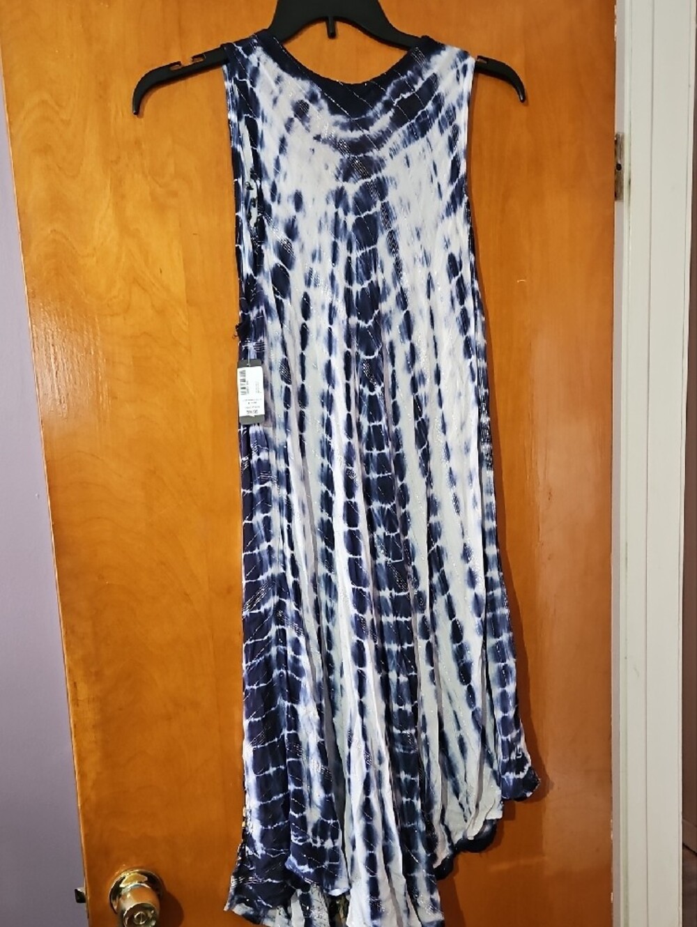 Tie-Dye Navy & White Tank Dress with Gold Accents - Picture 4 of 4